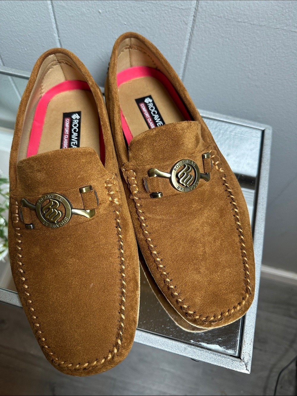 Rocawear Men's Tan Suede Slip-On Loafers with Branded Metal Bit
